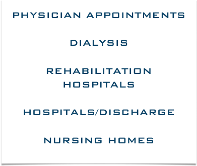PHYSICIAN APPOINTMENTS

DIALYSIS

REHABILITATION HOSPITALS

HOSPITALS/DISCHARGE

NURSING HOMES
